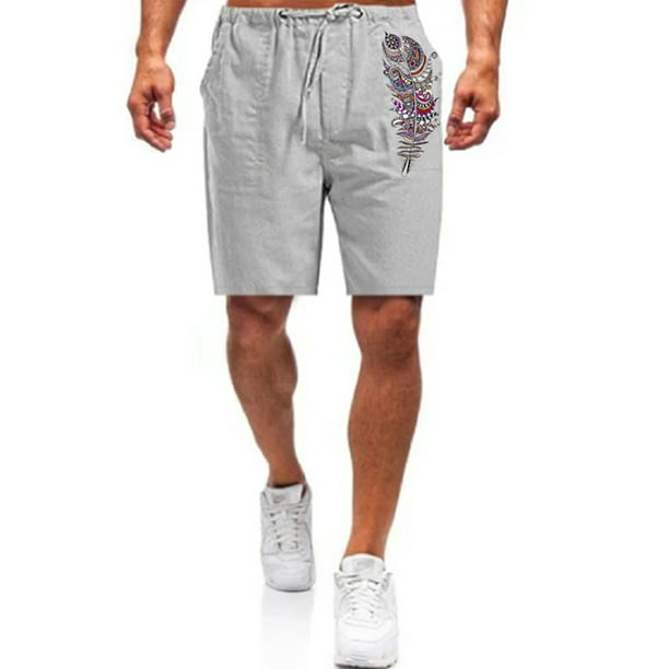 Grianlook Mens Classic Fit Feather Print Summer Short Pants Mid .