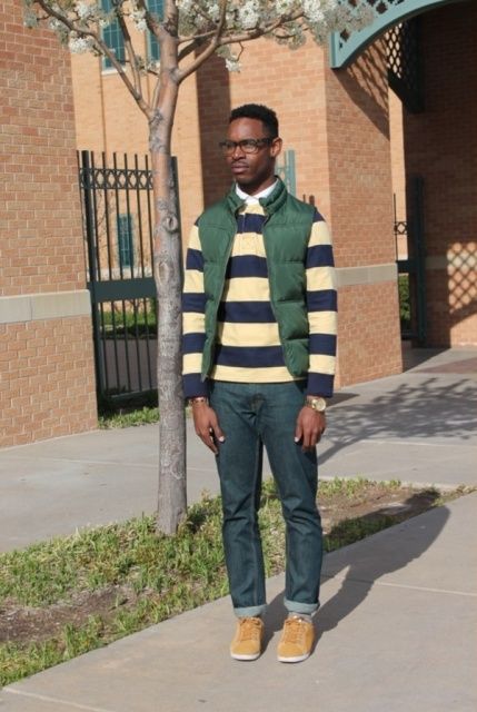 With striped sweater, jeans and sneakers | Mens outfits, Vest .