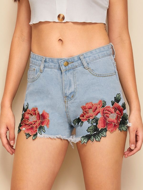 Floral Embroidered Raw Hem Denim Shorts | Denim shorts, Denim .