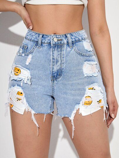 Cartoon Graphic Ripped Raw Hem Denim Shorts | High waisted shorts .