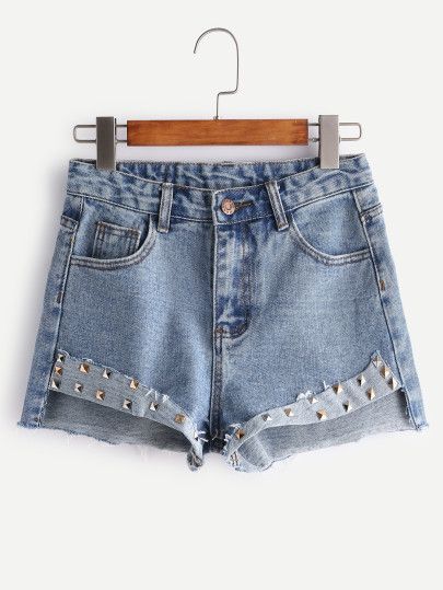 Light Blue Bleached Rivet Trim Raw Hem Denim Shorts | Denim shorts .