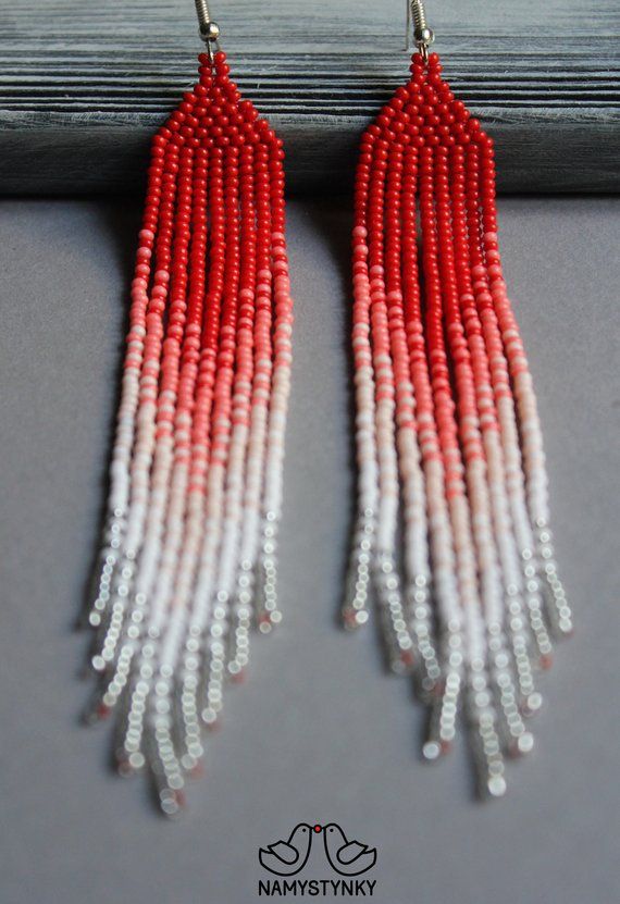 Red and White Beaded Earrings Coral Long Earrings Fringe - Etsy .