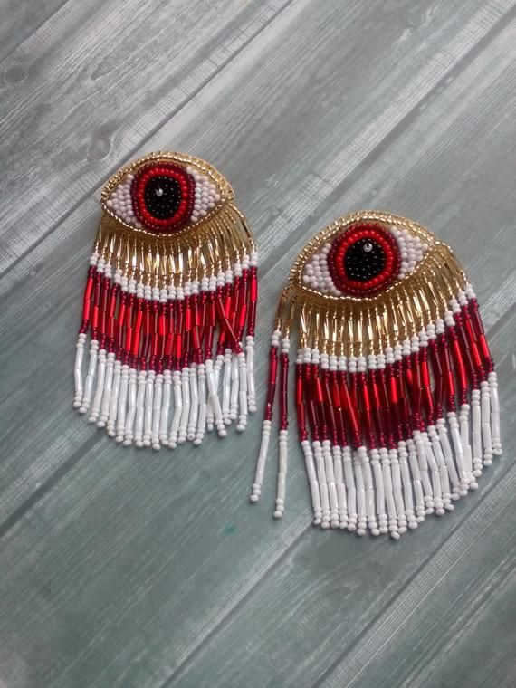 Evil Eye Beaded Tassel Earrings Large Evil Eye Red Gold | Etsy .