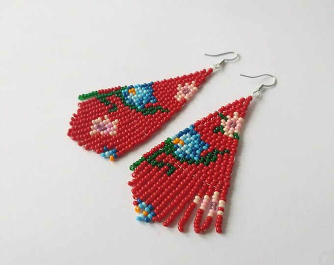 FREE SHIPPING/Red floral earrings.Art/Wearable art.Long beaded .