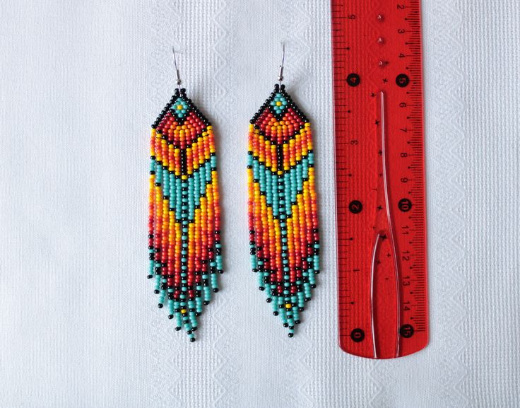 Long Turquoise Red Yellow Black Beaded Fringe Earrings - Etsy .