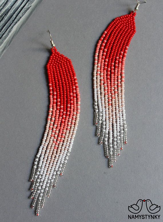 Red and White Beaded Earrings Coral Long Earrings Fringe - Etsy .