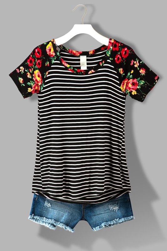 Striped Casual Top with Floral Sleeves | Stripe outfits, Stitch .