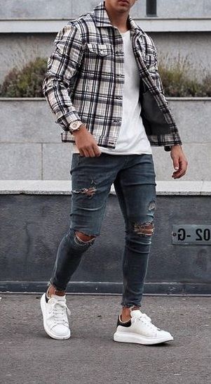 👍 Plaid Shirt + Ripped Jeans! | Jeans outfit men, Hoodie outfit .