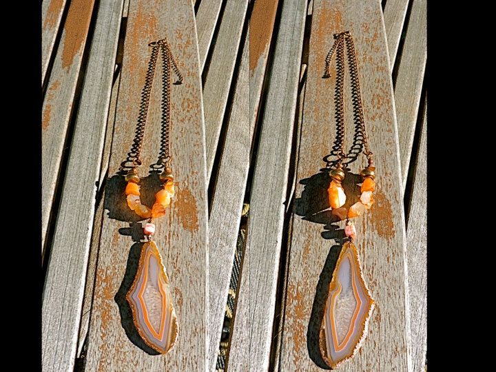 Peach / Orange Agate Druzy Geode Slice Statement Necklace, copper .