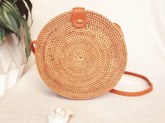 Rattan Woven Brown Circle Bag Round Natural Straw Bali - Etsy New .