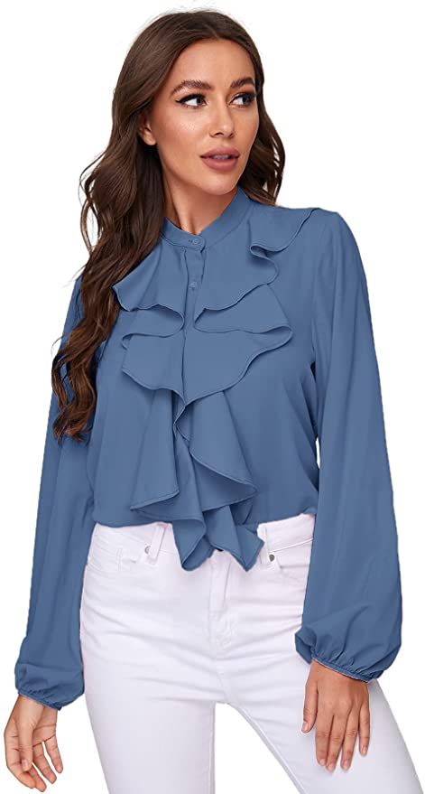 SheIn Women's Long Sleeve Button Down Lotus Ruffled Work Shirt .