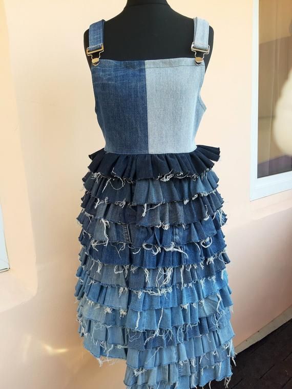 Recycled Denim Ombre Ruffle Sarafan Dress - Etsy | Recycled dress .