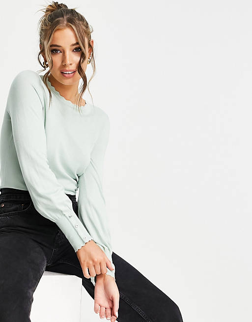 Lipsy scallop edge crew neck sweater in sage | AS