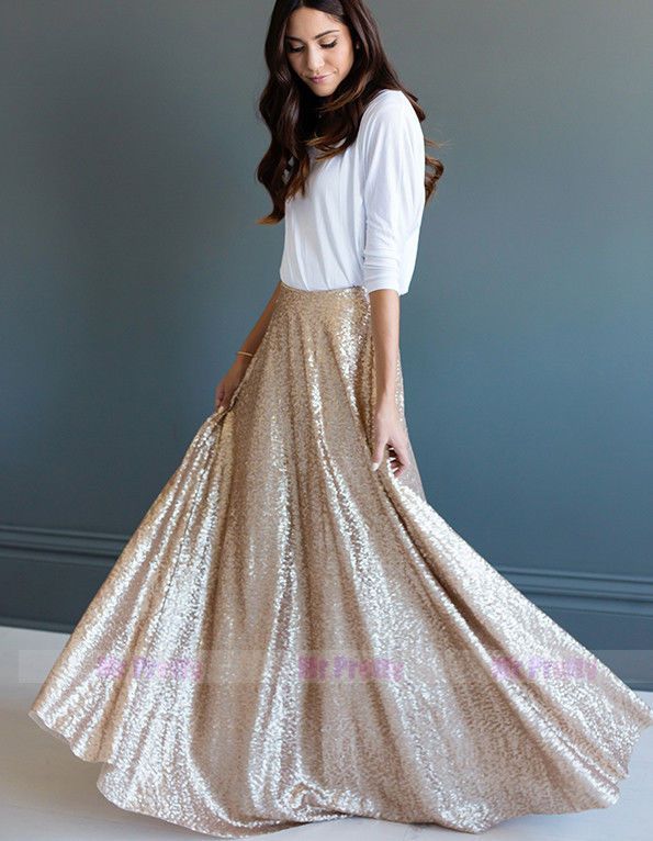 Gold Sequin long Skirts/Wedding Party Formal Holiday Full Maxi .