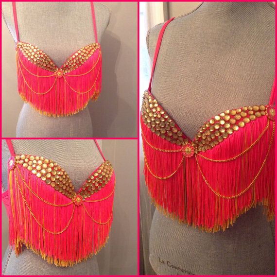 Neon Pink Fringed bra top with gold chains and rhinestones comes .