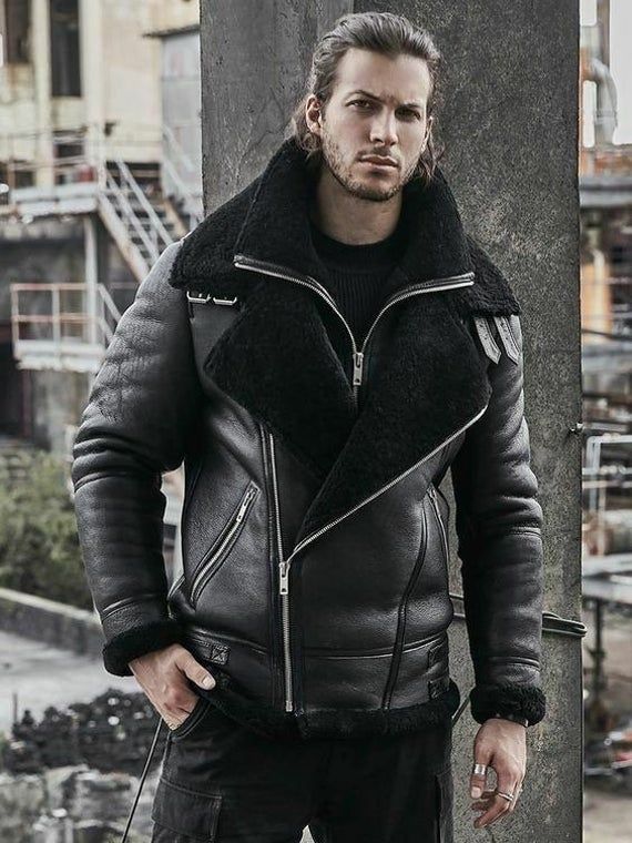 Double Collar Black B3 Stylish Winter Leather Jacket Men Real .