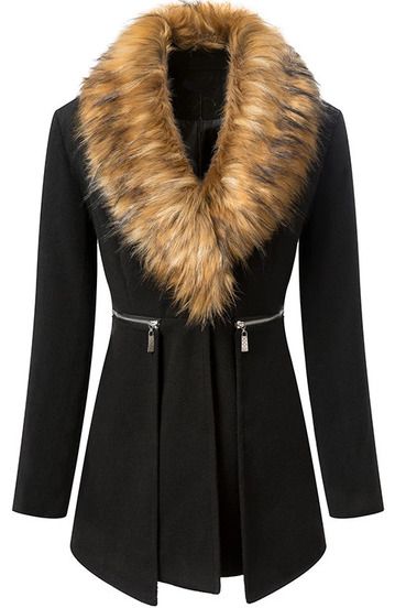 Black Fur Collar Long Sleeve Zipper Woolen Coat -SheIn(Sheinside .