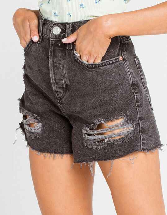 BDG Urban Outfitters Pax Extreme Ripped Womens Black Denim Shorts .