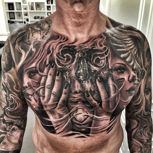 Men's Hairstyles Now | Chest tattoo drawings, Skull tattoos, Chest .