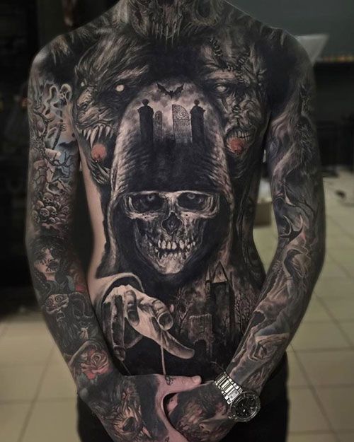 Men's Hairstyles Now | Scary tattoos, Chest tattoo men, Skull tatto