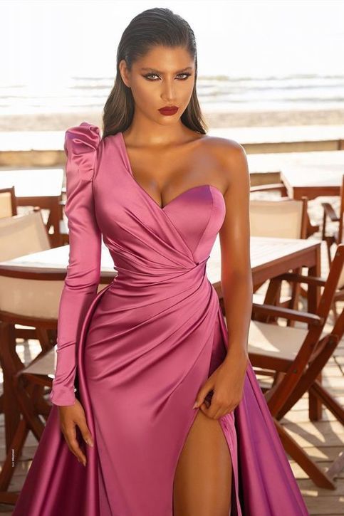 One Shoulder Satin Side Split Evening Maxi Gowns with Sweep Train .