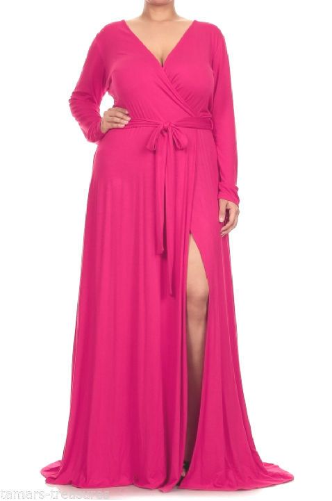 HOT PINK Rayon Jersey MAXI DRESS Faux Wrap LONG Split Skirt PLUS .