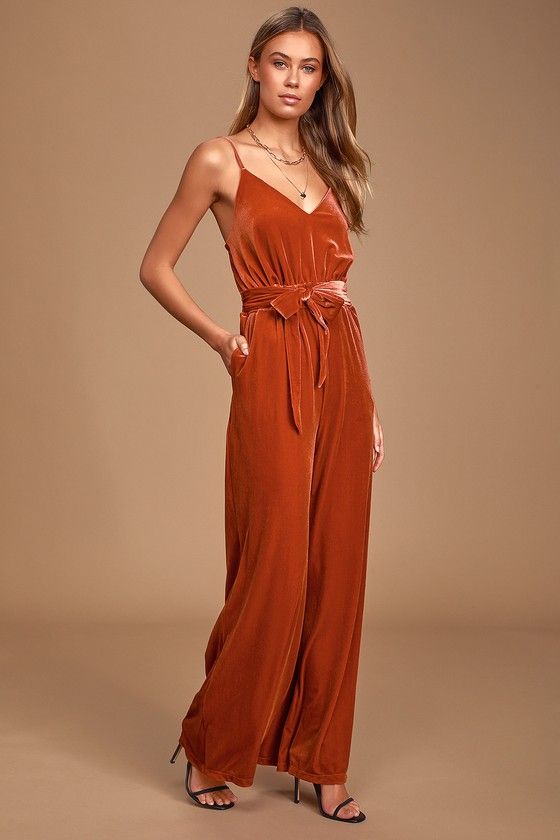 Lash Out Copper Velvet Wide Leg Sleeveless Jumpsuit | Jumpsuits .