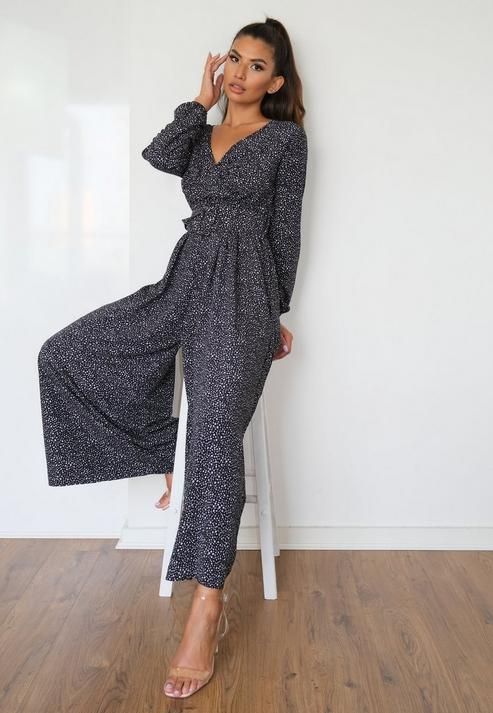 Black Printed Wrap Wide Leg Romper | Wide leg jumpsuit outfit .