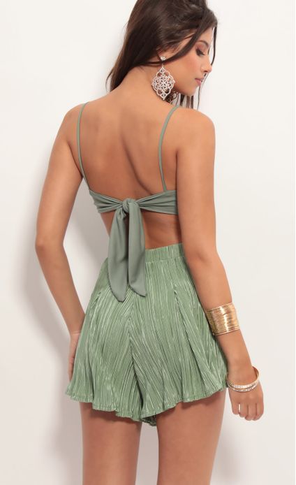 Rompers & Jumpsuits > Bella Pleated Satin Romper In Sage | Satin .