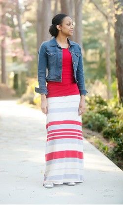 Dolly - womens modest tri color striped maxi skirt with elastic .