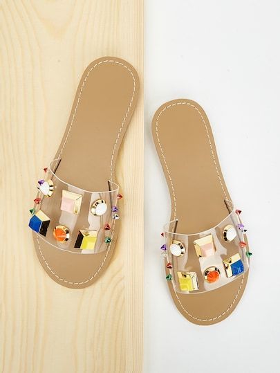Jewelled & Studded Decor Flat Sliders | Fashion shoes, Studded .