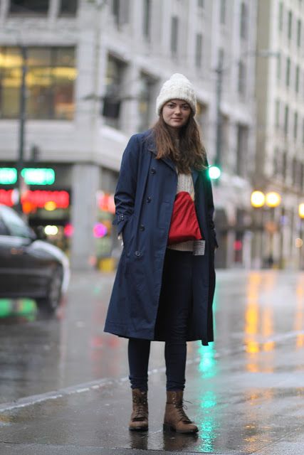Rainy day attire Heather Hodge Navy Blue Trench Coat downtown .