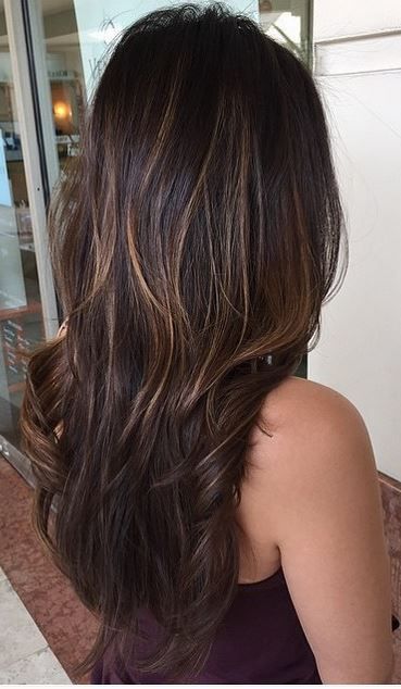 Shiny brunette with hints of balayage highlights | Gorgeous hair .