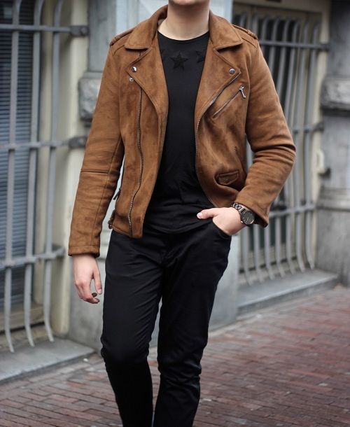 Men Tan brown Suede biker Jacket, Men brown suede moto Jacket .