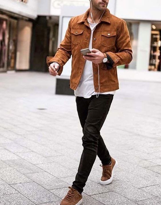 Mens Dark Brown Leather Suede Jacket | Moda informal masculina .