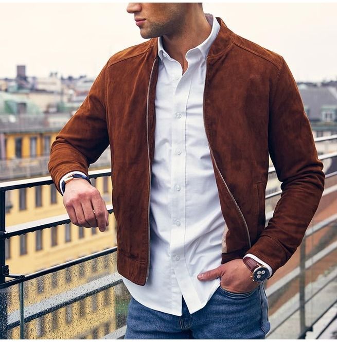 Mens Brown Suede Biker Jacket, Men Brown Casual Suede Jacket .