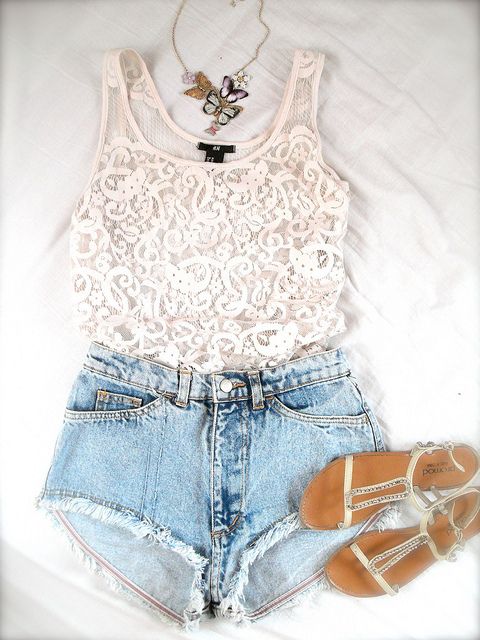lace top and high waisted shorts | Summer fashion outfits, Summer .