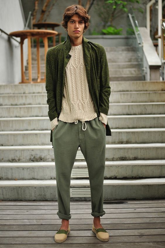 Men's Olive Overcoat, Beige Cable Sweater, Olive Chinos, Beige .