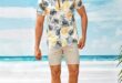 Men Beach Shirt Men Hawaiian Shirt Men Tropical Print Curved .