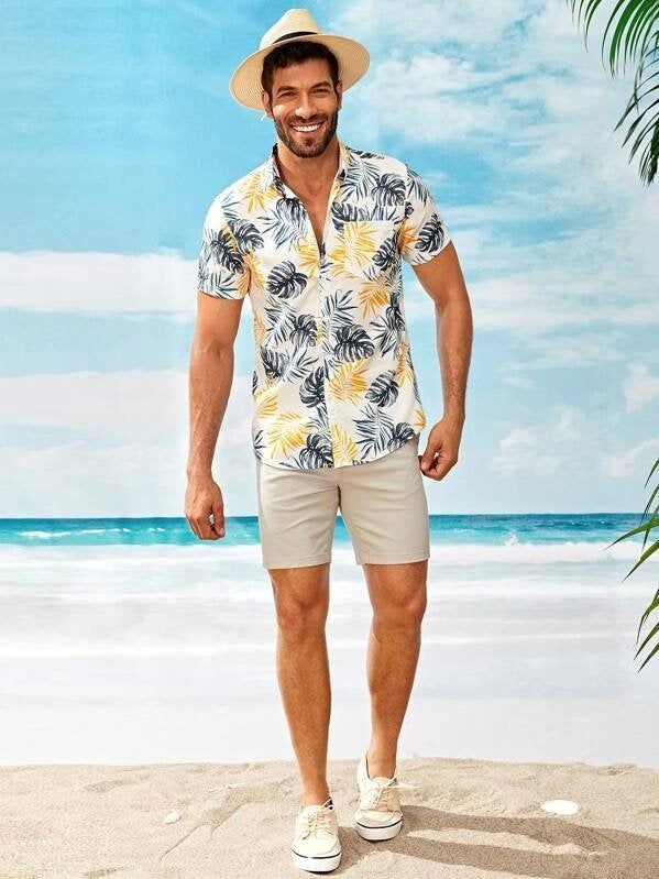 Men Beach Shirt Men Hawaiian Shirt Men Tropical Print Curved .