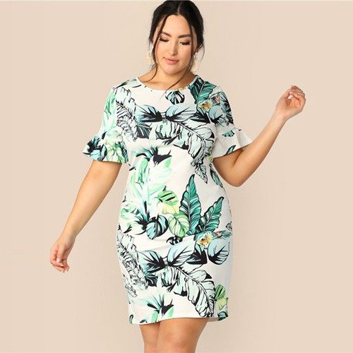 Plus Size Multicolor Bell Sleeve Tropical Print Fitted Dress 2019 .