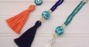 Beaded Tassel Necklace - Summer Aqua Blue & Clear Glass Beads .