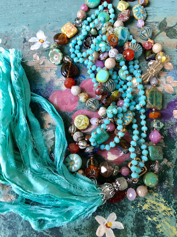 Turquoise Glam Boho Sari Silk Tassel Necklace Summer Fashion .