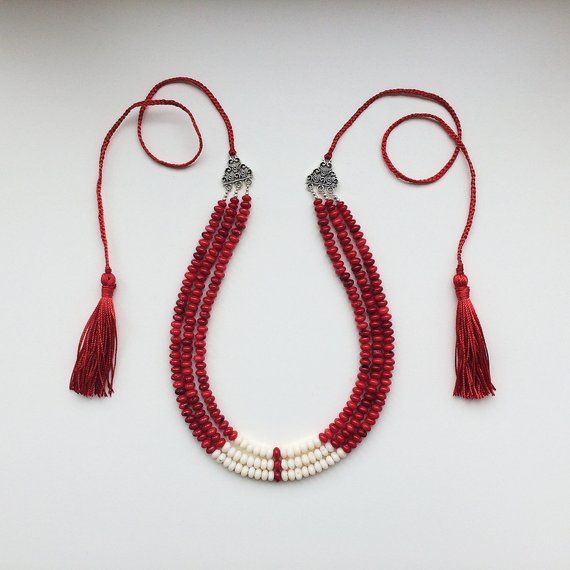 Red and White Beaded Necklace Summer Pearls Natural Pearl - Etsy .