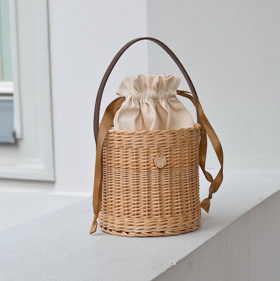 Modern Wicker Bucket Bag With Leather Handle for Women Straw - Et