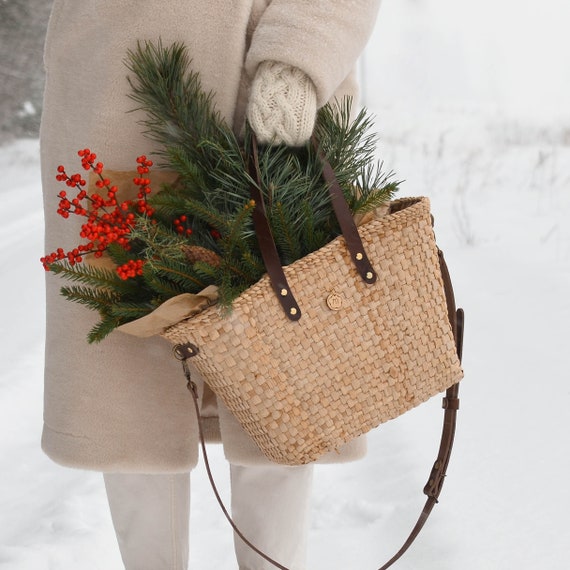 Large Straw Tote Bag With Leather Straps Hand Woven French - Et