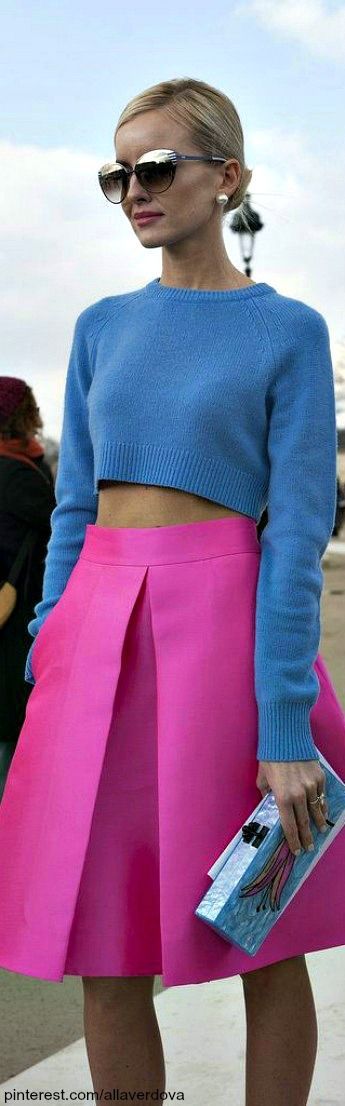 Women's Blue Knit Cropped Sweater, Hot Pink Skater Skirt, Light .