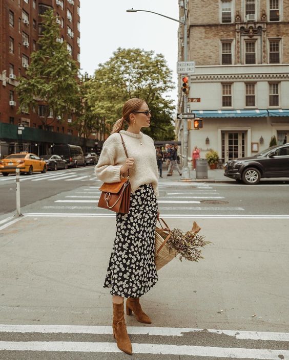 Chunky sweater + midi skirt combo #sweater #skirt #boots #bag .