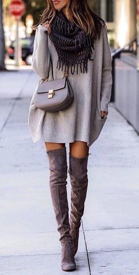 gray sweater dress outfit, thigh high boots #winter fashion and .
