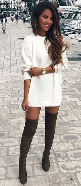 White sweater dress and thigh high boots, perfect date night .